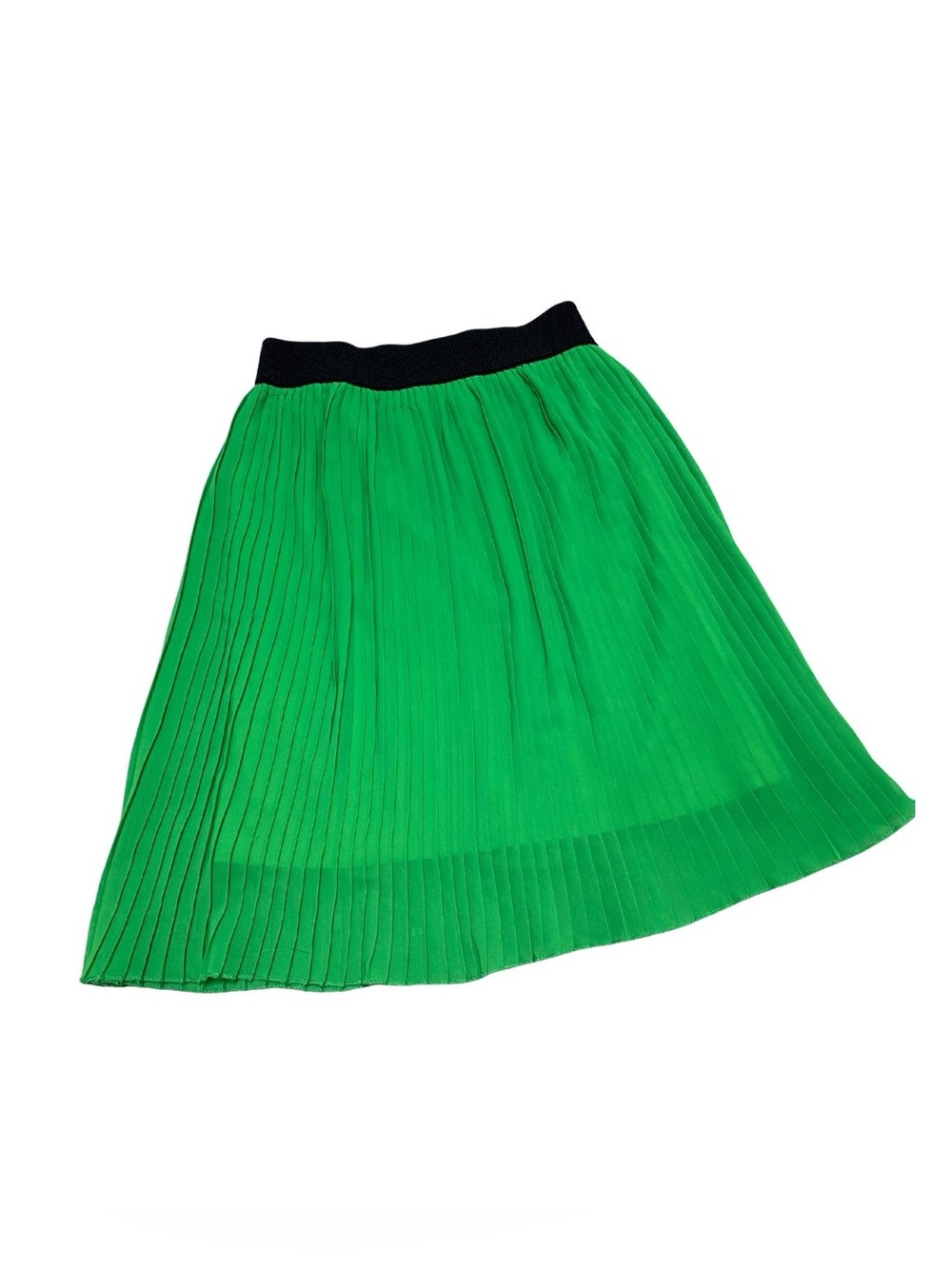 Women's Dark Green Neon Pleated Midi Skirt Black Elastic Waist Sheer Lined Retro